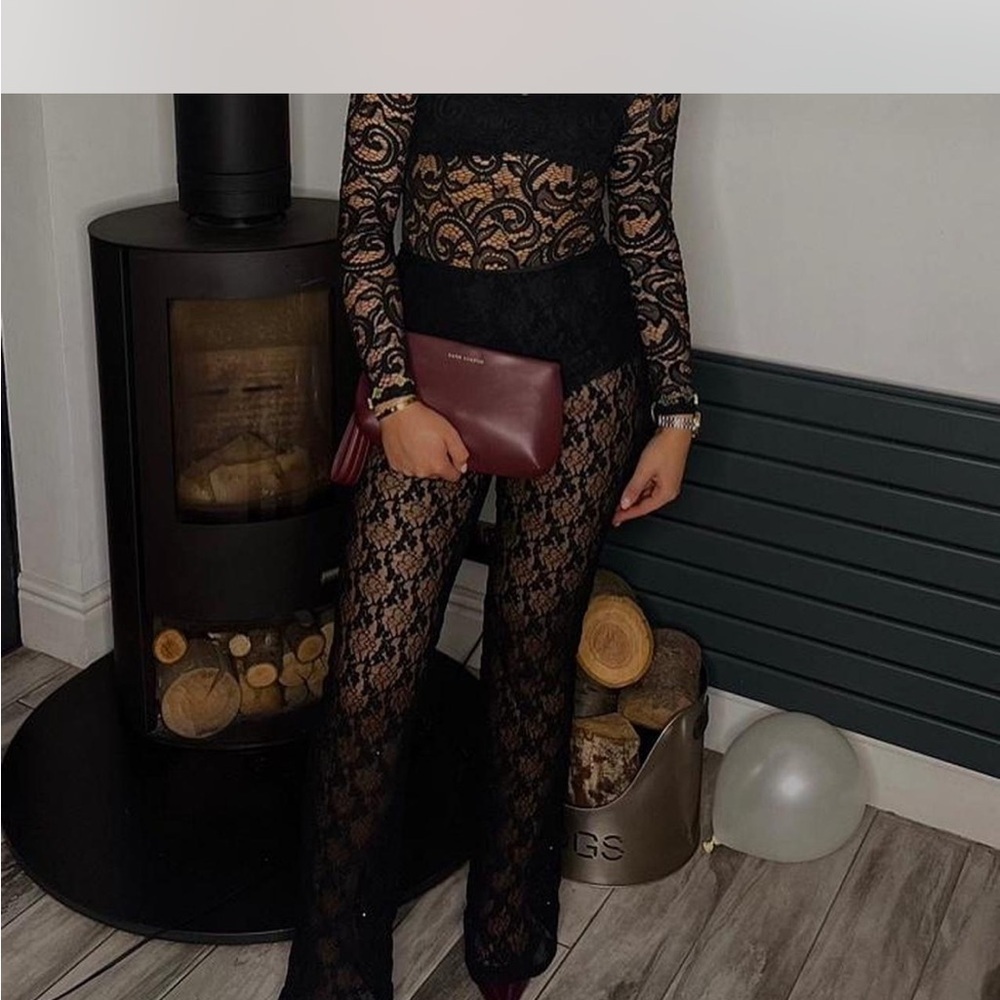 Noughts and kisses black lace sequin sheer trousers small
